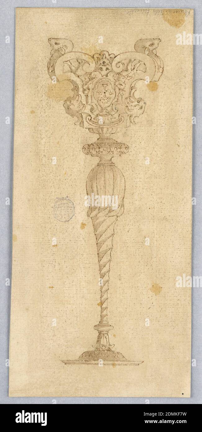 Projet pour un Candelabrum, Graphite, pinceau et aquarelle sur papier, Candelabrum soutenu par des dauphins dont trois sont dessinés. Un chandelier central érigé et deux armes., Italie, ca. 1844, métallurgie, dessin Banque D'Images