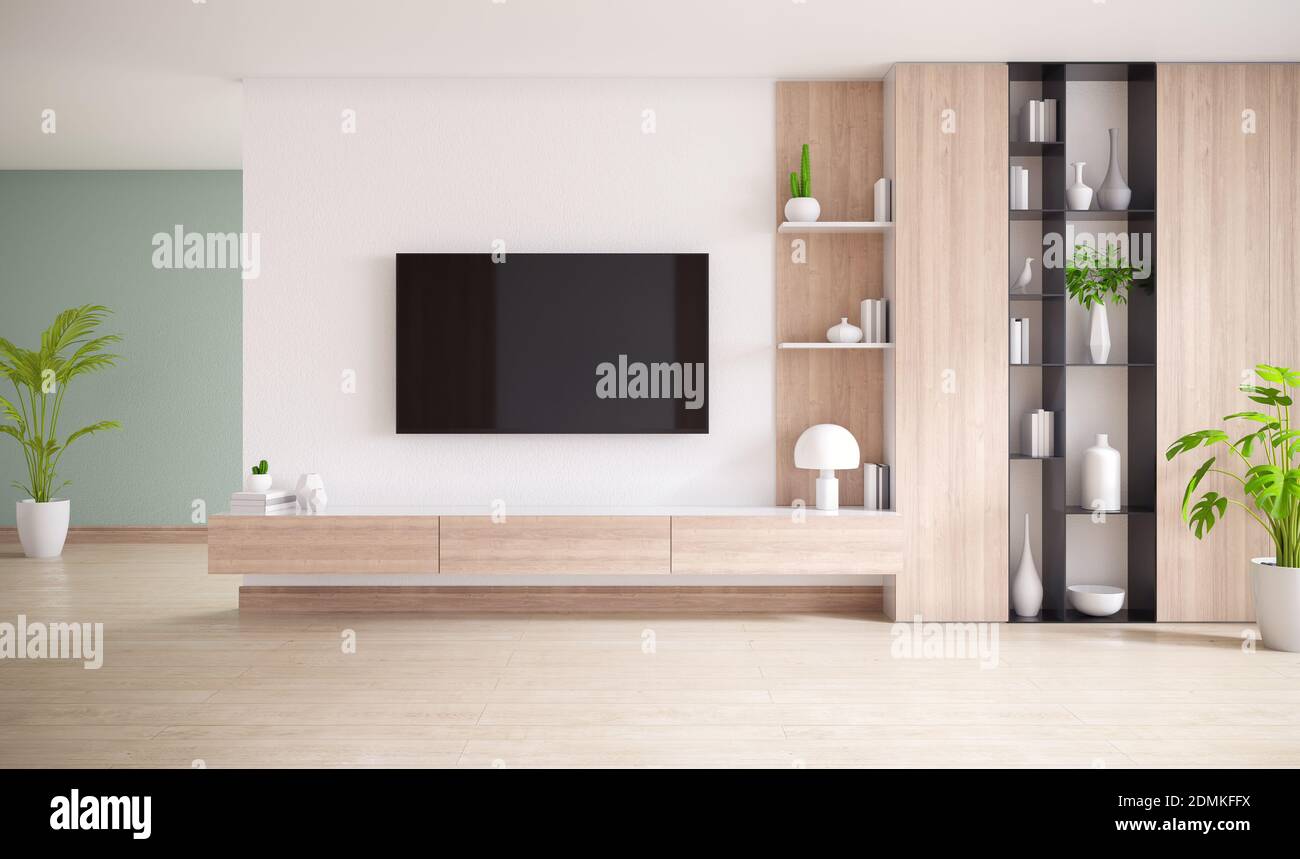 Meuble TV et écran avec parquet et mur blanc, intérieur minimaliste et  ancien Photo Stock - Alamy