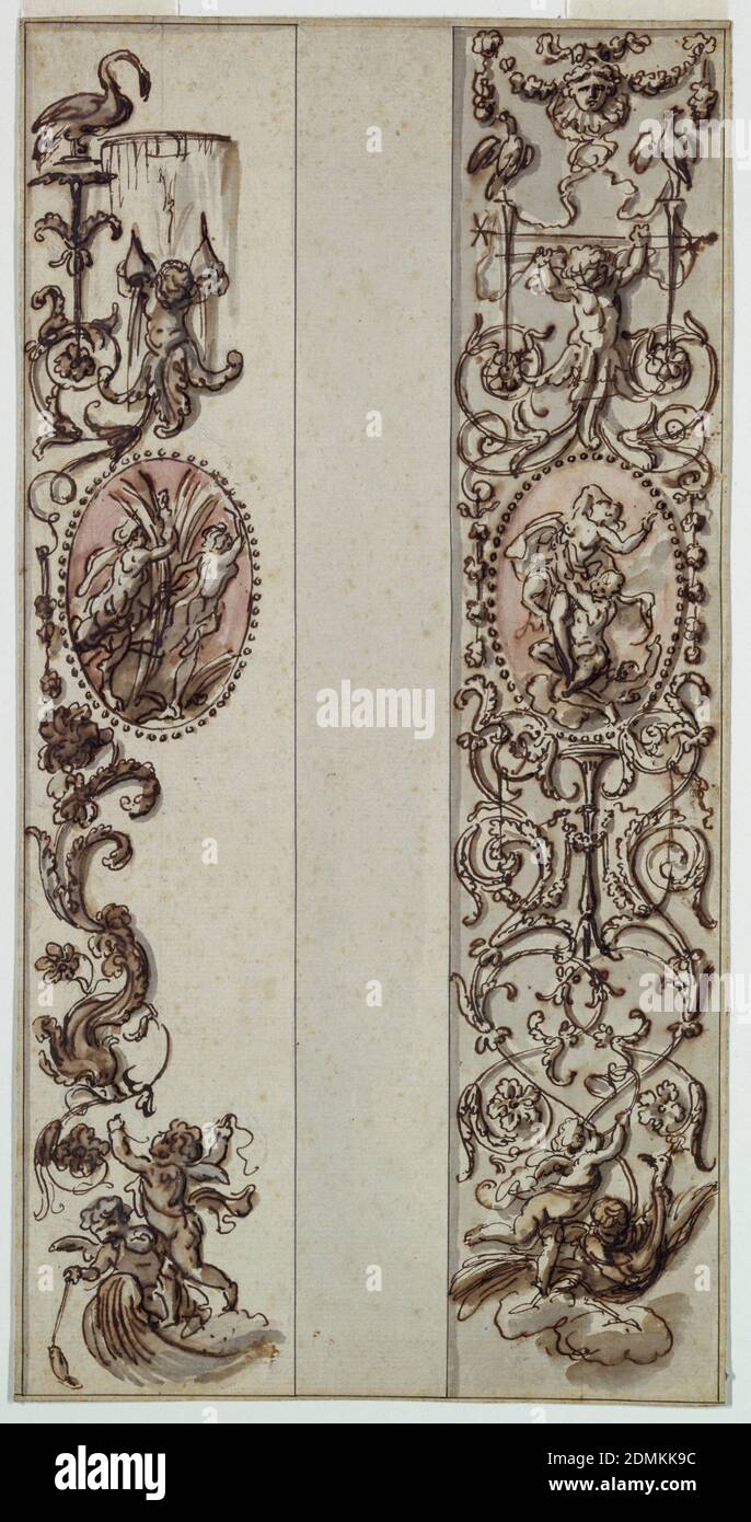 Projet pour un panneau peint, Graphite, stylo et encre, pinceau et aquarelle, sépia sur papier, deux bandes verticales avec candélabrum. Au centre de chacun des ovales roses avec des figures. Ci-dessus et ci-dessous sont putti., France, ca. 1805, ornement, dessin Banque D'Images