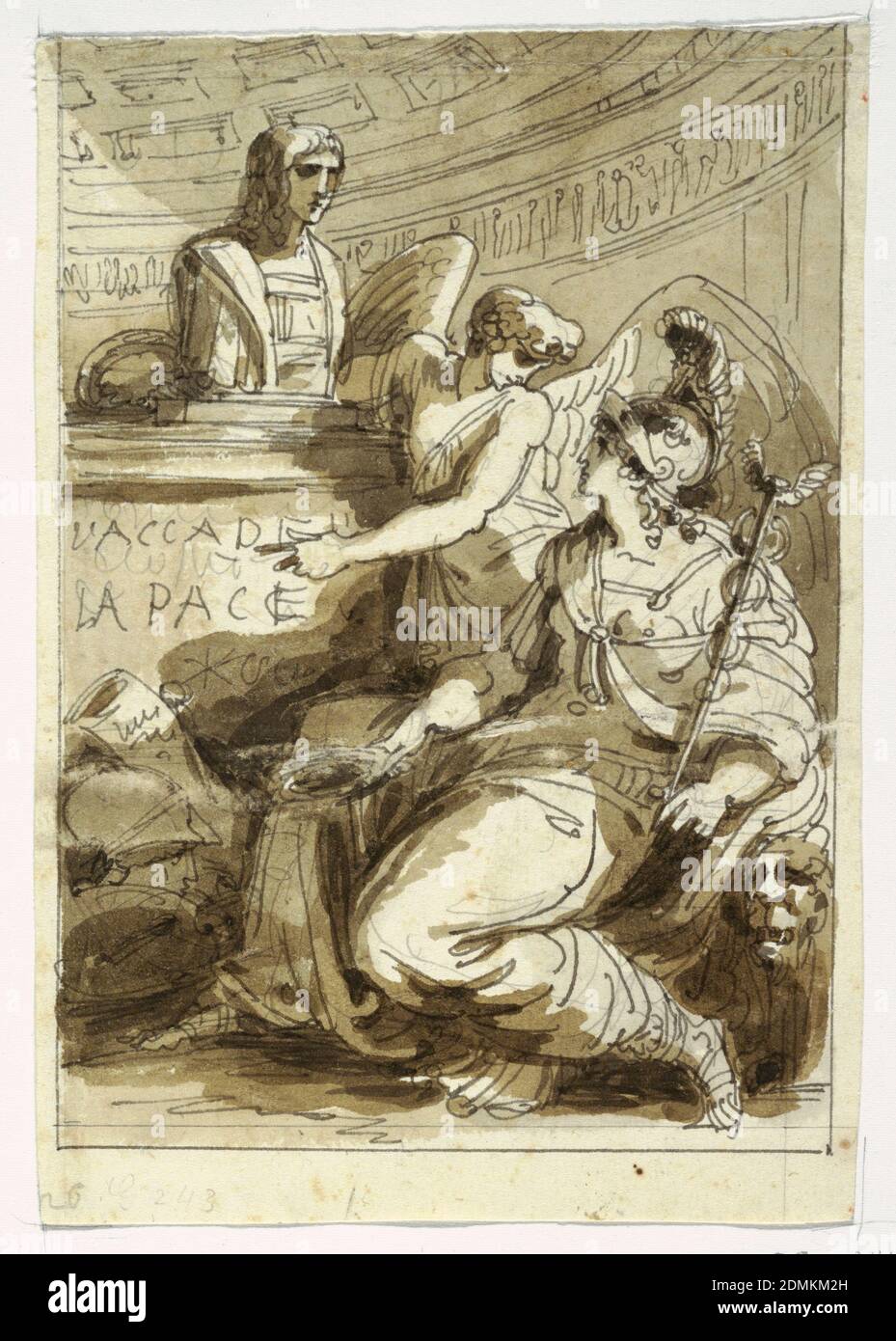 Monument pour une Accademia della Pace, Felice Giani, italien, 1758–1823, stylo et encre, brosse et bistre de lavage, graphite sur papier, une femme blindée tenant un caduque et une couronne est assise sur un lion accroupi devant un piédestal. Un génie lui rappelle. Son inscription: 'ACCADEM [ia] / LA PACE'. Le bras droit du génie est placé autour du buste d'un jeune homme, représentant probablement Raphaël, qui se tient sur le piédestal. Les objets faisant référence aux arts sont sur le sol avant le piédestal. Le cadre est l'intérieur d'une salle à dôme circulaire. Lignes de cadrage, littéralement et en bas. Banque D'Images