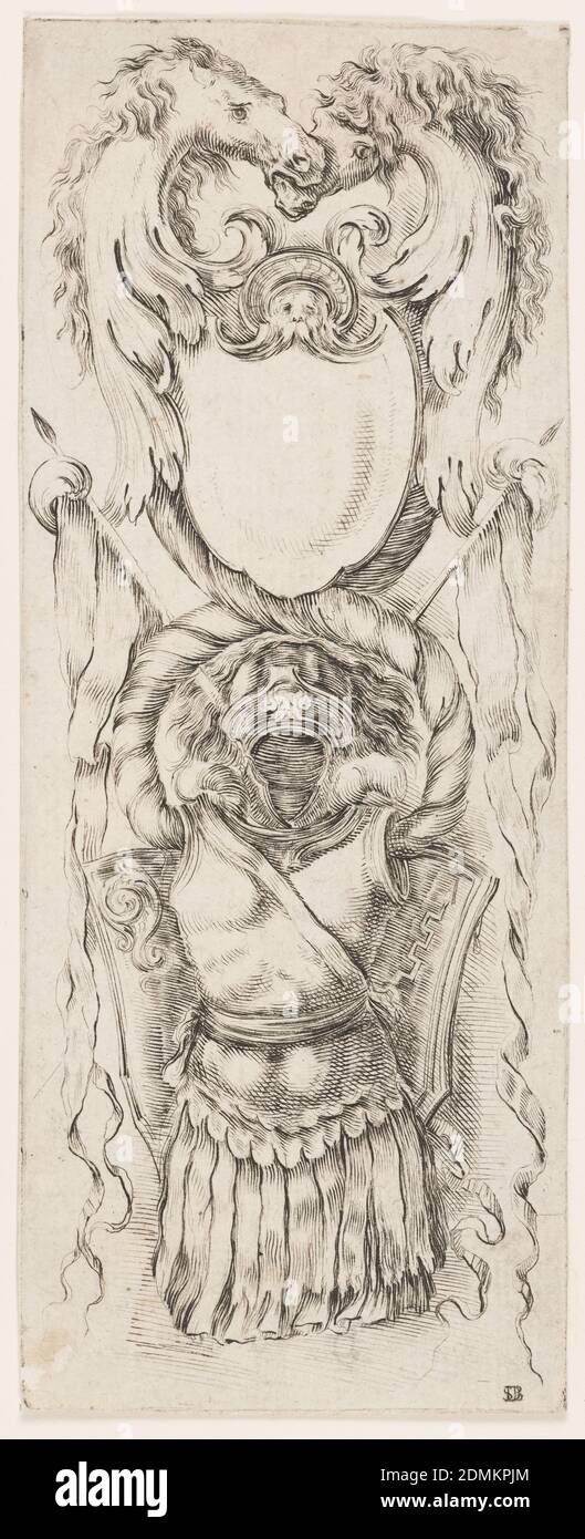 Ornamenti o Grottesche (ornement grotesque), Stefano della Bella, Italien, 1610–1664, Etching sur papier, rectangle vertical montrant un dessin symétrique composé de têtes de cheval se terminant dans des feuilles d'acanthus, un bouclier avec un petit masque en haut, un trophée militaire dans le style ancien., Italie, ca. 1653, ornement, Imprimer Banque D'Images