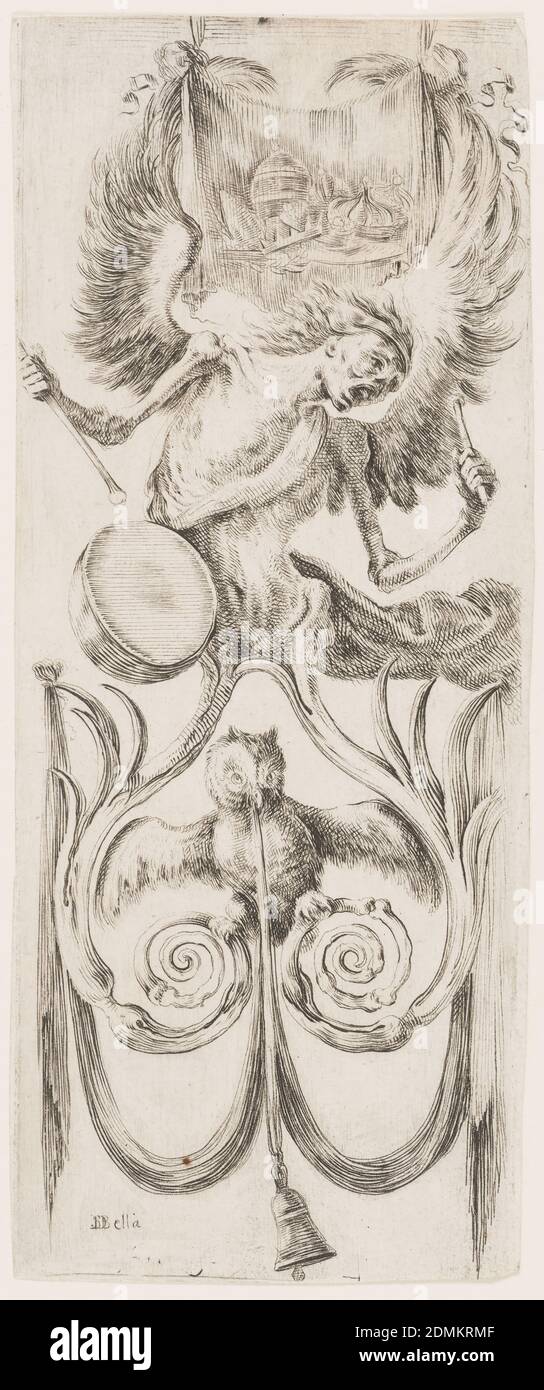 Ornamenti o Grottesche (ornement grotesque), Stefano della Bella, Italien, 1610–1664, Etching sur papier coulé, rectangle vertical montrant une figure ailée émaciée jouant un tambour. Ci-dessous, un hibou avec une cloche dans son bec perche sur un arabesque., Italie, ca. 1653, ornement, Imprimer Banque D'Images