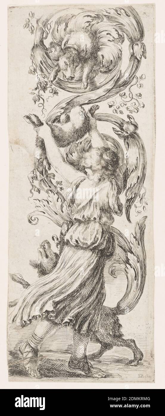Ornamenti o Grottesche (ornement grotesque), Stefano della Bella, cuisine italienne, 1610–1664, Etching sur papier couché, rectangle vertical montrant une femme offrant un agneau à un chien émergeant d'une feuille d'acanthus au-dessus de sa tête. À ses pieds, un autre chien., Italie, ca. 1653, ornement, Imprimer Banque D'Images