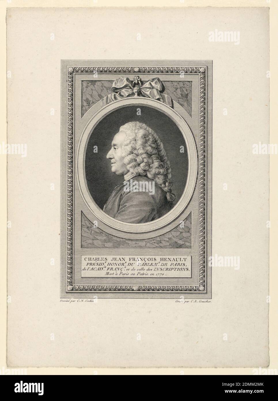 Portrait de Charles J. F. Henault (1685-1770), Charles-Etienne Gaucher, français, 1741 - 1804, Charles-Nicolas Cochin le plus jeune, 1715 - 1790, gravure sur papier, le portrait en longueur de buste est en vue latérale à gauche et est dans un médaillon attaché avec un arc à un panneau rectangulaire lambrissé. Le sitter porte une perruque, une veste sombre avec une cravate blanche. Au-dessous du portrait se trouve une plaquette avec les noms des artistes inscrits., France, ca. 1770, Imprimer Banque D'Images Portrait de Charles J. F. Henault (1685-1770), Charles-Etienne Gaucher, français, 1741 - 1804, Charles-Nicolas Cochin le plus jeune, 1715 - 1790, gravure sur papier, le portrait en longueur de buste est en vue latérale à gauche et est dans un médaillon attaché avec un arc à un panneau rectangulaire lambrissé. Le sitter porte une perruque, une veste sombre avec une cravate blanche. Au-dessous du portrait se trouve une plaquette avec les noms des artistes inscrits., France, ca. 1770, Imprimer Banque D'Images