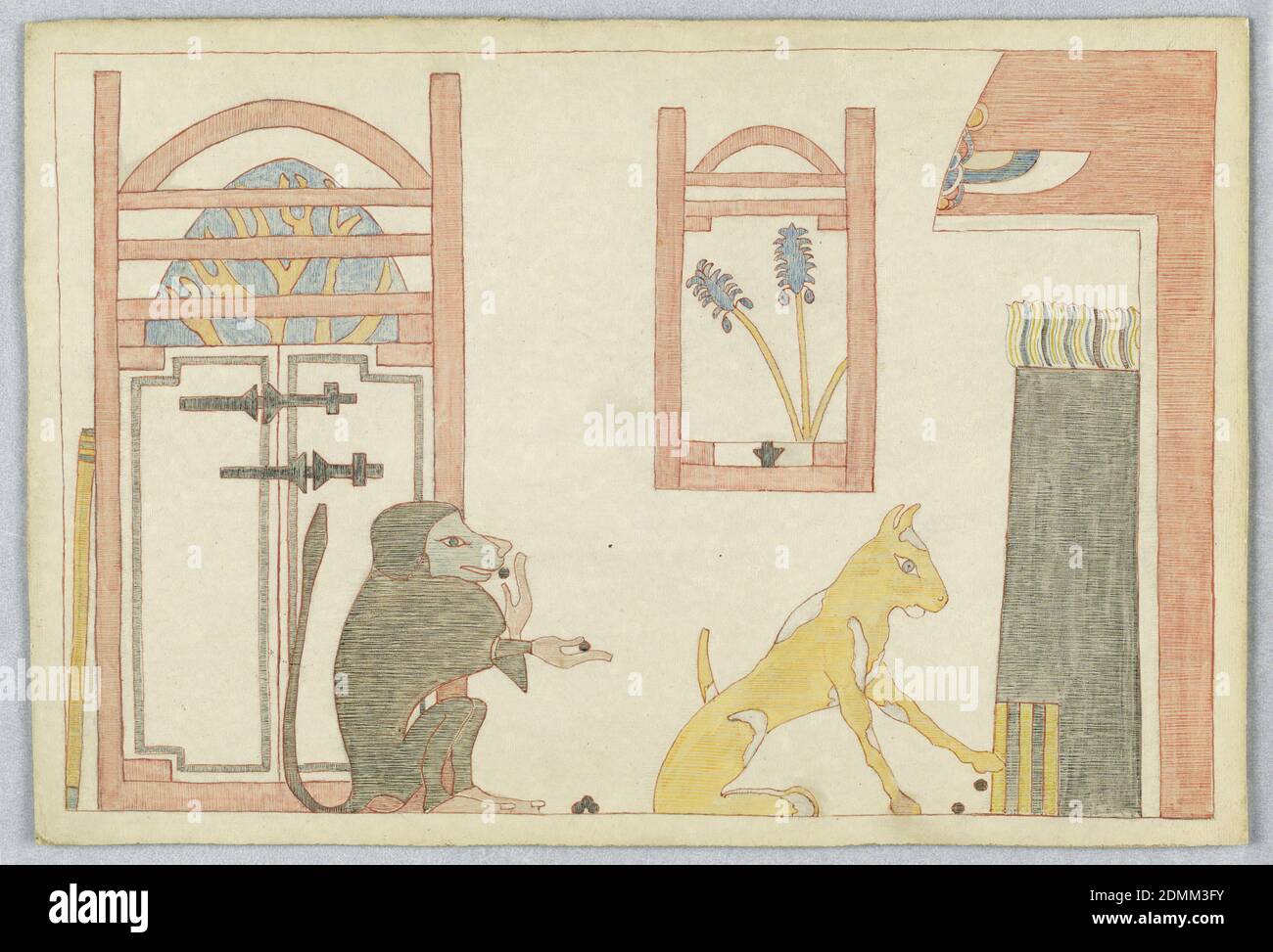 Le singe et le chat, illustration pour les Fables d'Aesop, Victor Wilbour, stylo et encre rouge, crayon sur tableau blanc, Baboon, à gauche, en profil droit, avec graines ou baies. Chat également dans le profil droit, à droite, près d'une cheminée. Porte à gauche, Etats-Unis, CA. 1916, dessin Banque D'Images Le singe et le chat, illustration pour les Fables d'Aesop, Victor Wilbour, stylo et encre rouge, crayon sur tableau blanc, Baboon, à gauche, en profil droit, avec graines ou baies. Chat également dans le profil droit, à droite, près d'une cheminée. Porte à gauche, Etats-Unis, CA. 1916, dessin Banque D'Images