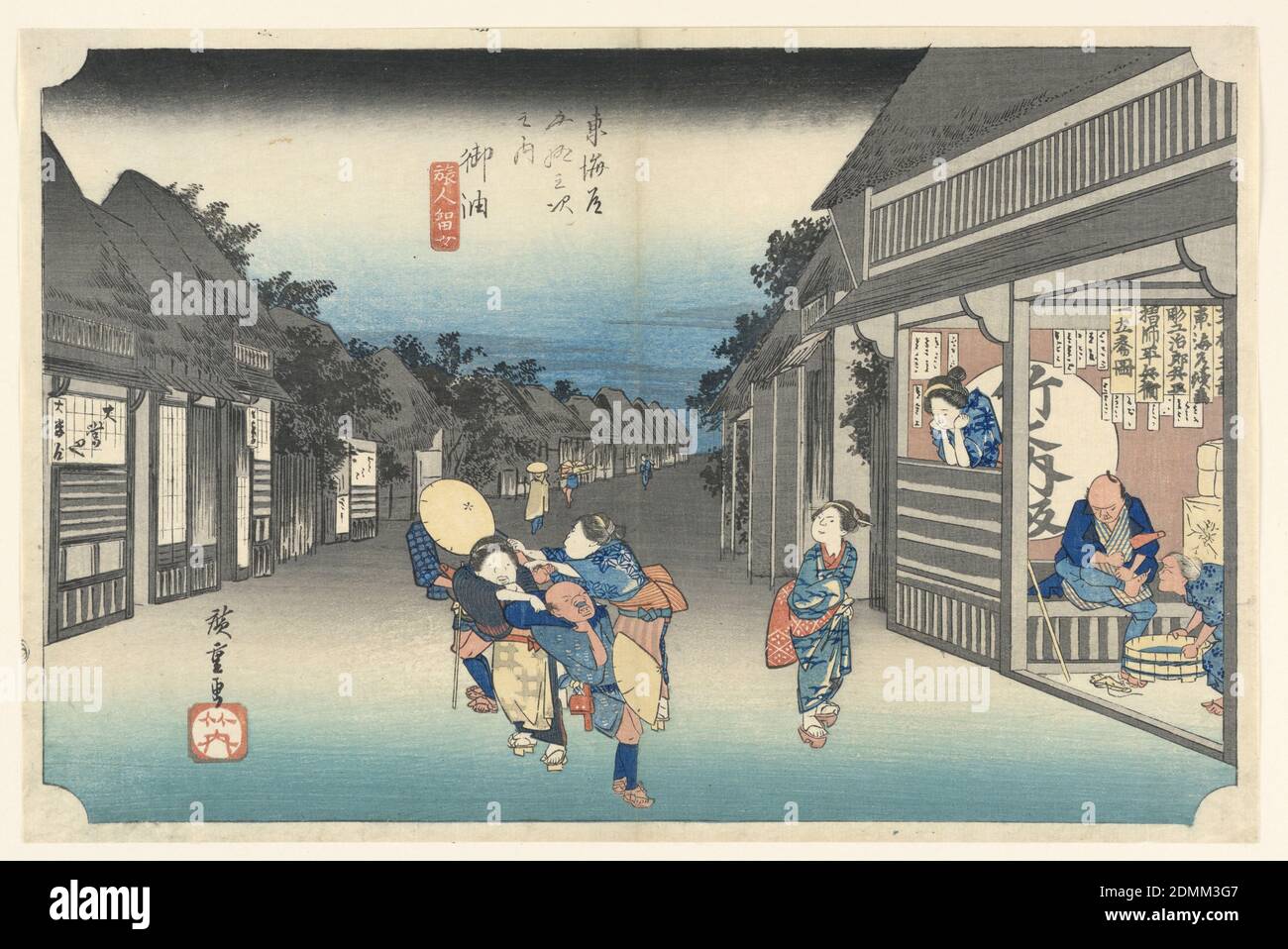 Goyu, les femmes détentrices de voyageurs, dans les cinquante-trois stations de la route Tokaido (Tokaido Gojuran Tsugi-no Uchi), Ando Hiroshige, Japonais, 1797–1858, imprimé Woodblock (ukiyo-e) sur papier mûrier (washi), encre de couleur, rue Village au crépuscule. Centre, les servantes luttent pour la possession de voyageurs. Droit, dans un salon de thé ouvert, le voyageur se prépare à se laver les pieds. Sur ses murs se trouvent les noms du graveur, de l'imprimante, du concepteur et de l'éditeur., Japon, ca. 1834, figures, Imprimer Banque D'Images