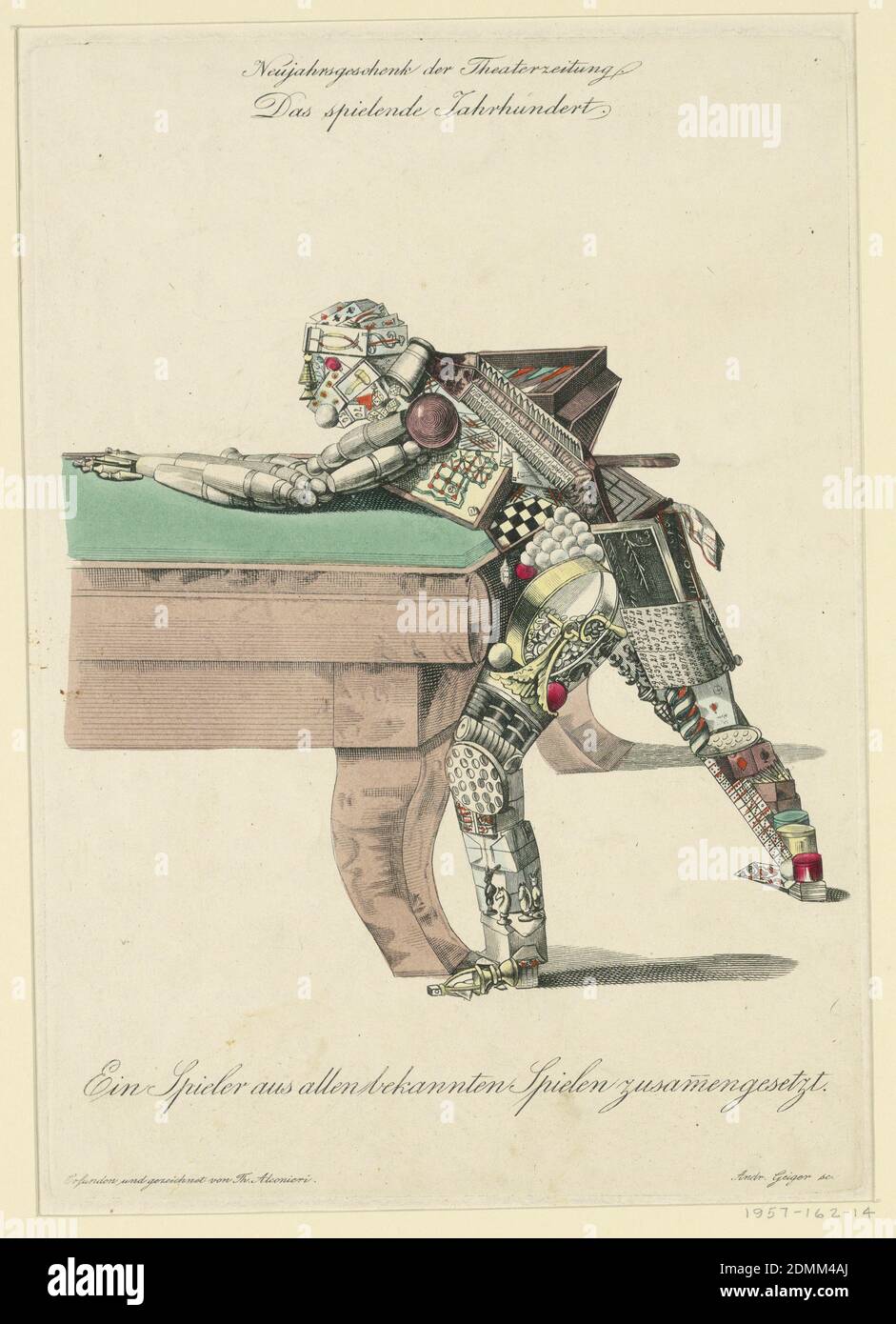 Ein Spieler aus Allen liekannten spielen zusamengesetzt (UN joueur composé de tous les jeux connus), Andreas Geiger, autrichien, 1765 - 1856, Theodor Heinrich Alconiere, autrichien, 1789 - 1865, gravure, pinceau et aquarelle sur papier, rectangle vertical. Une figure masculine jouant au billard, son corps composé de tous les jeux connus, y compris des dés, dix-pins, échecs, dames, cartes à jouer, backgammon, dominos, etc. Script imprimé en haut et en bas., Vienne, Autriche, 1840–60, figures, Imprimer Banque D'Images