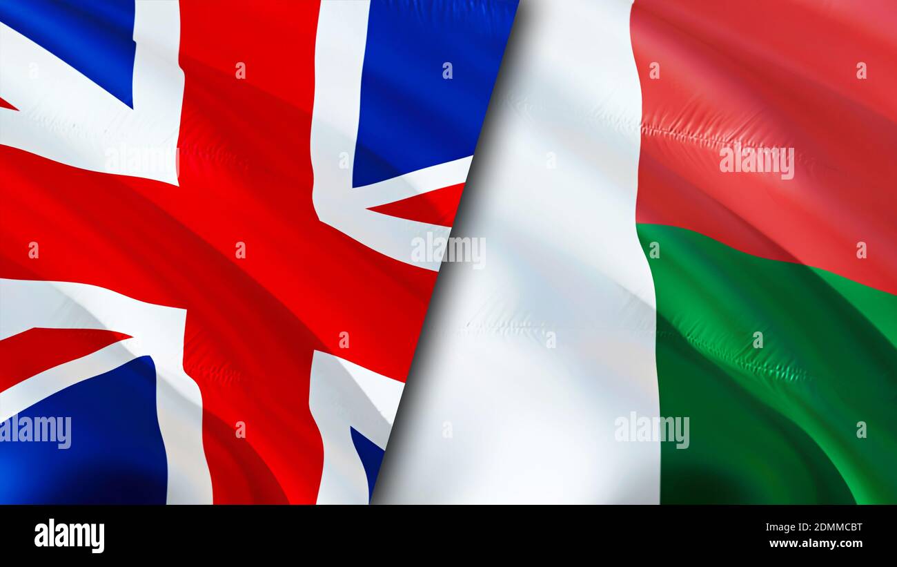 Drapeaux du Royaume-Uni et de Madagascar. Motif drapeau en relief. Royaume-Uni drapeau de Madagascar, image, papier peint. Royaume-Uni vs Madagascar image,3D Banque D'Images