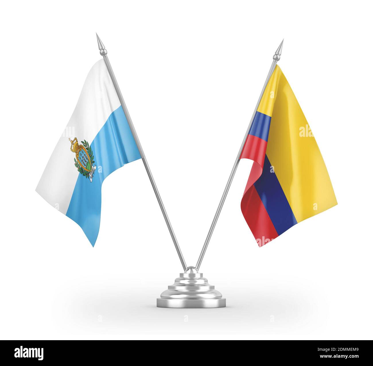 Drapeaux de table Colombie et Saint-Marin isolés sur 3D blanc rendu Banque D'Images