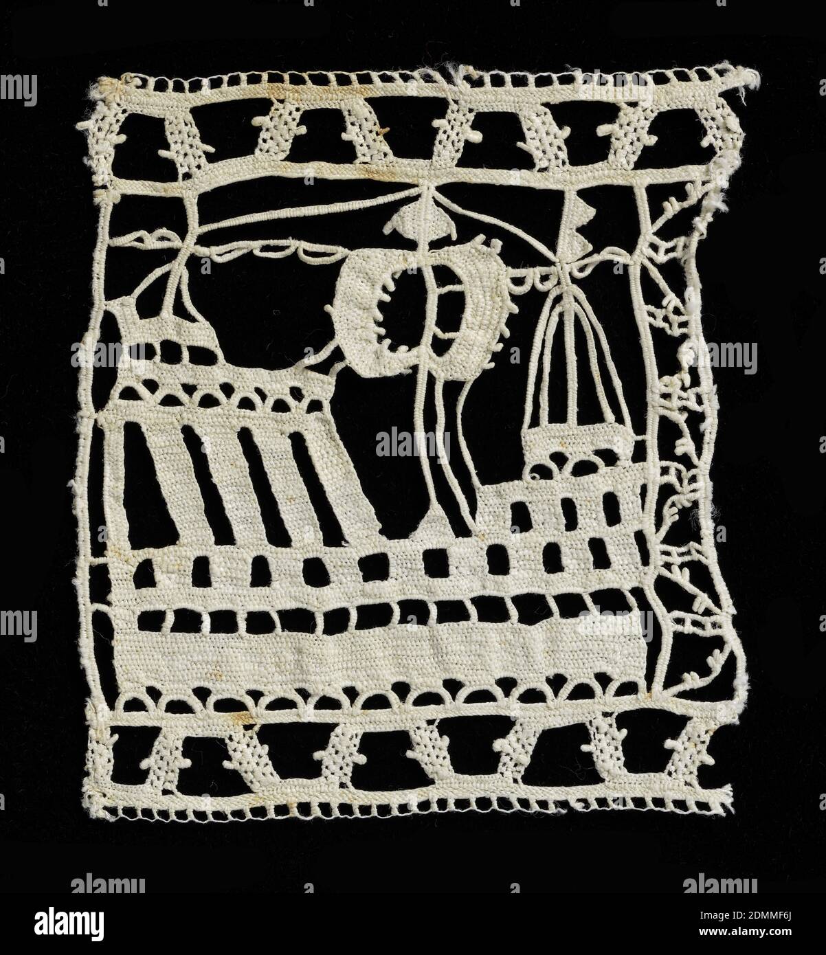 Fragment, Medium: linen technique: Dentelles aiguilles, style reticella, UN carré unique de dentelle contenant un bateau avec voiles., Espagne, début du XVIIe siècle, dentelle, fragment Banque D'Images