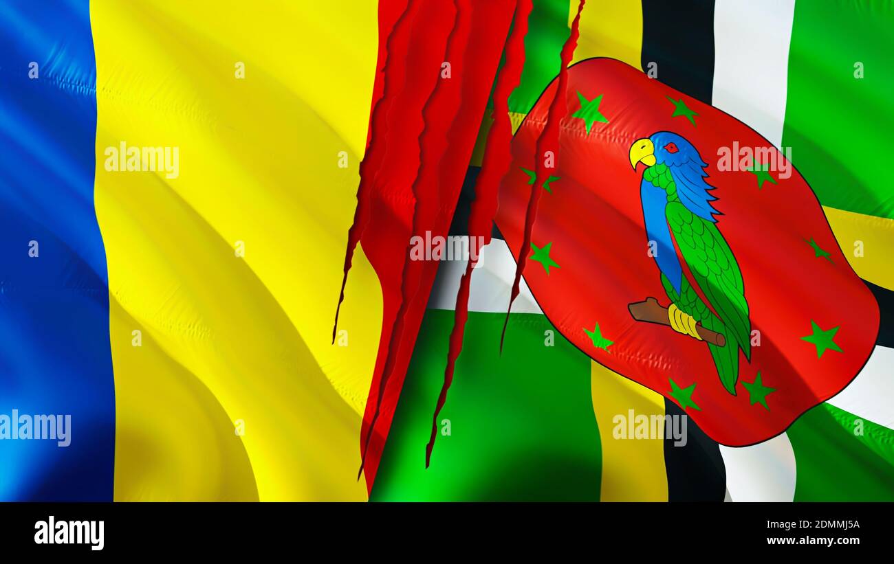 Drapeaux de la Roumanie et de la Dominique avec le concept de cicatrice