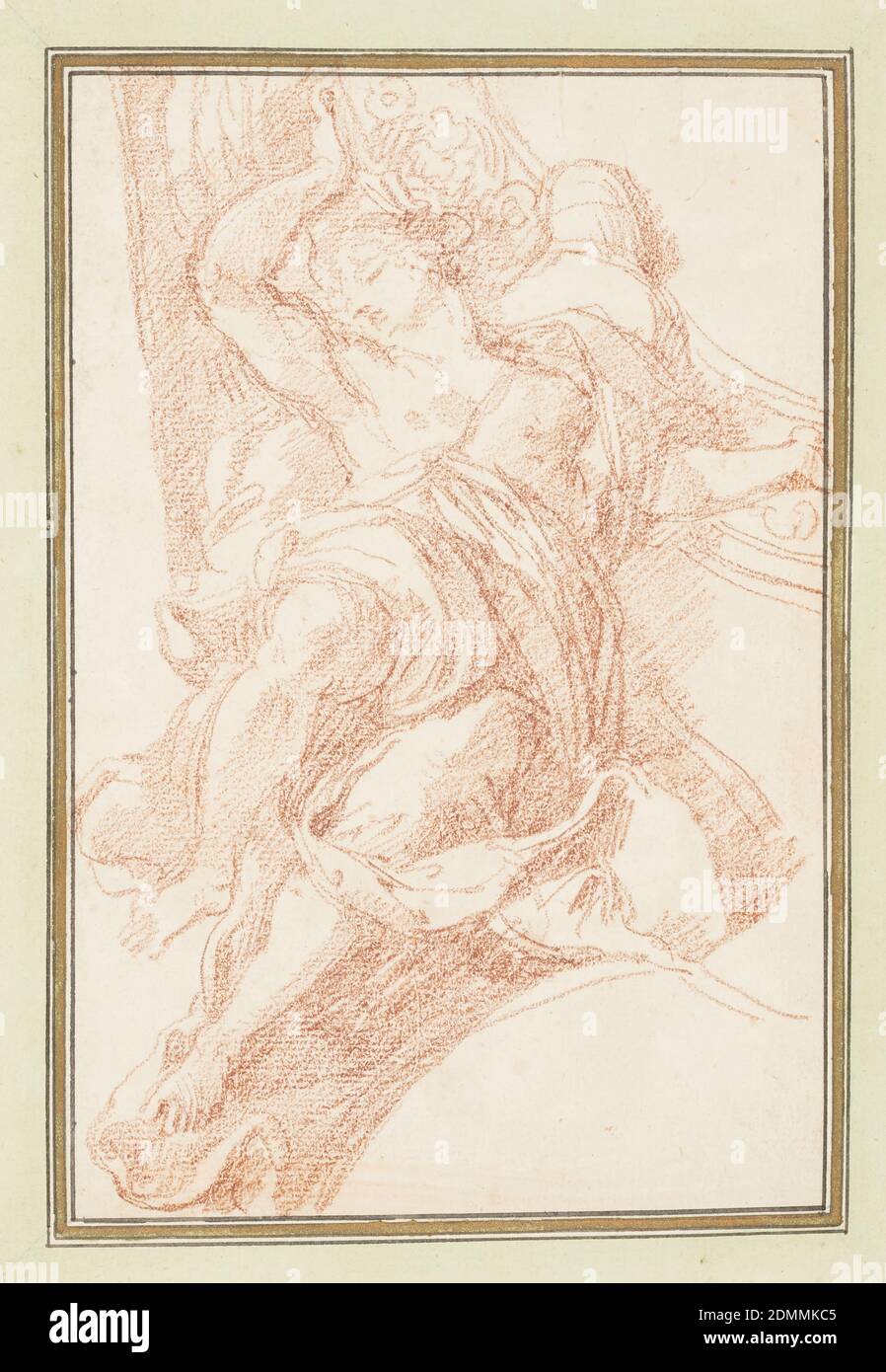 Détail plafond de figure et motif décoratif, Jean-Robert Ango, français, actif à Rome 1759 – 1770, d. 1773, craie rouge sur papier, détail plafond. Figure masculine avec genou droit plié, bras étendus et yeux fermés. Un motif décoratif pour un plafond est visible derrière lui., France, ca. 1759–70, figures, dessin Banque D'Images