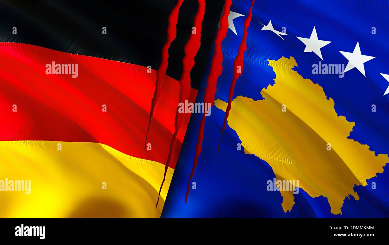 L'Allemagne et le Kosovo ont un concept de cicatrice. Drapeau d'ondulation, rendu 3D. Le concept de conflit entre l'Allemagne et le Kosovo. Allemagne concept de relations avec le Kosovo. Drapeau de G Banque D'Images
