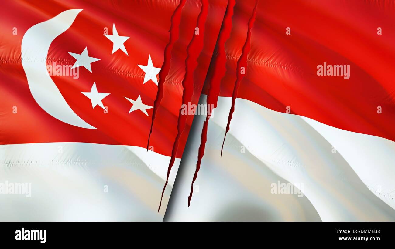 Singapour et l'Indonésie drapeaux avec le concept de cicatrice. Drapeau d'ondulation, rendu 3D. Concept de conflit à Singapour et en Indonésie. Singapour Indonésie relations con Banque D'Images