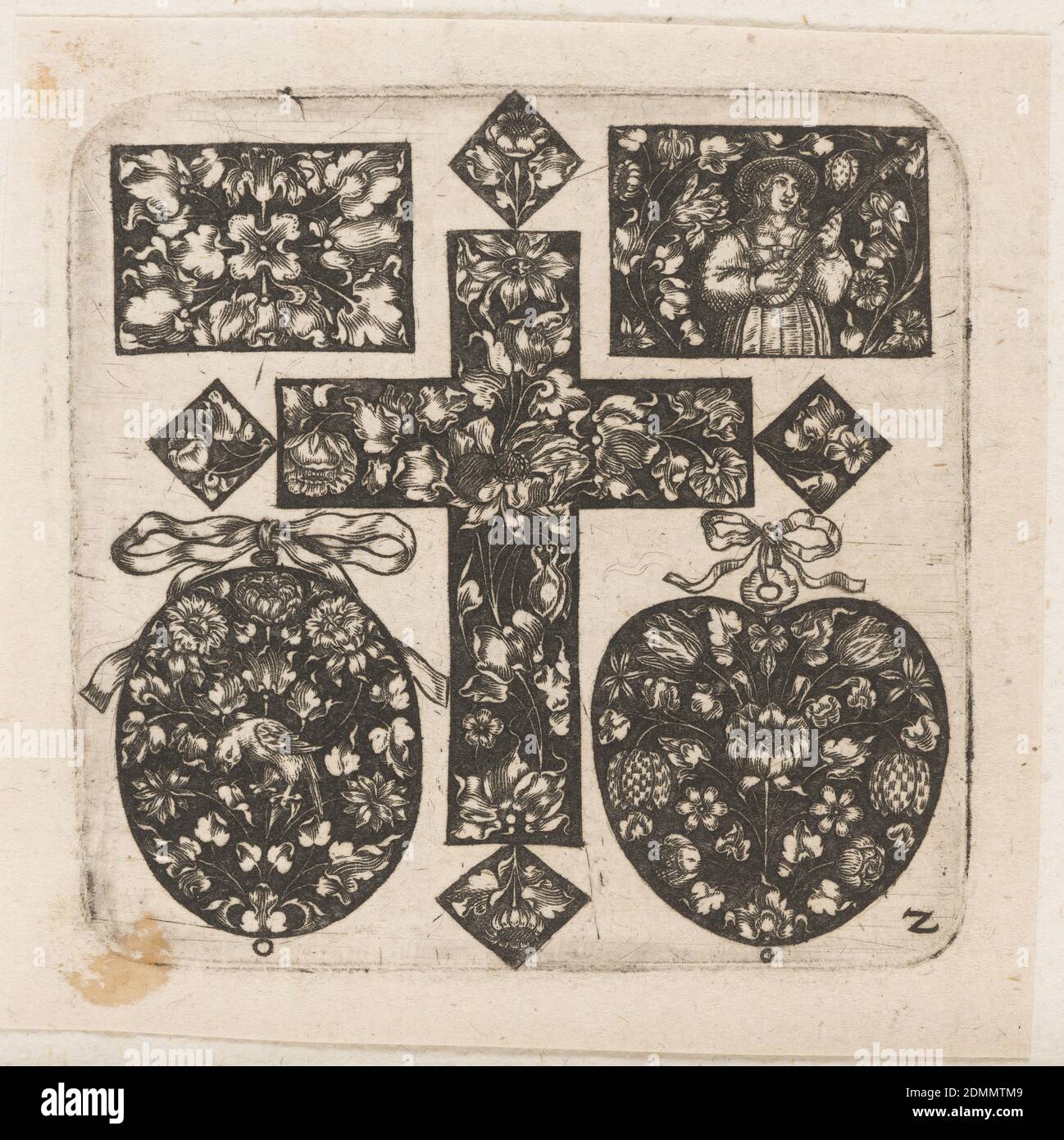 Ornement Design with Cross at Center », plaque 2 de « Goldsmith ornement Designs », Heinrich Raab, allemand, active Nuremberg 1640 – 1650, Paul Furst, allemand, ca. 1605 – 1666, gravure sur papier blanc cassé, cinq dessins blancs séparés sur noir: Deux rectangles en haut; en bas, deux pendentifs, avec un dessin ovale à gauche, et un dessin en forme de coeur à droite, flanquant une croix centrale (avec des dessins en losange aux extrémités). Le rectangle supérieur gauche affiche un motif floral, tandis que celui de droite représente une femme jouant un luth entouré de fleurs. Les deux pendentifs sont décorés de tulipe et de rose Banque D'Images