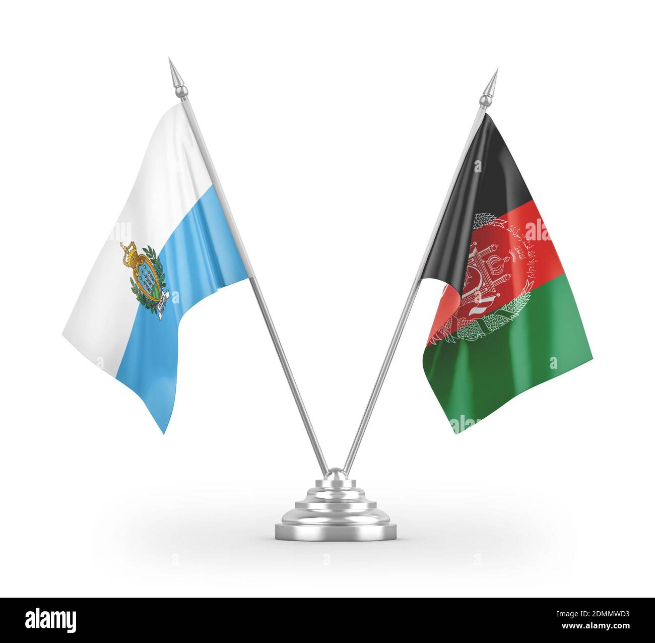 Les drapeaux de table de l'Afghanistan et de Saint-Marin sont isolés en 3D blanche rendu Banque D'Images
