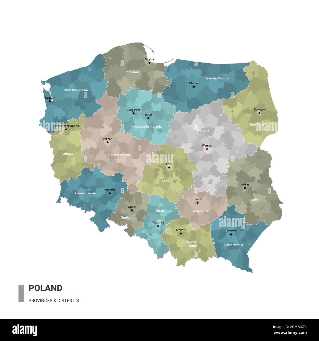 Pologne higt carte détaillée avec subdivisions. Carte administrative de la Pologne avec le nom des districts et des villes, colorée par les États et le district administratif Illustration de Vecteur