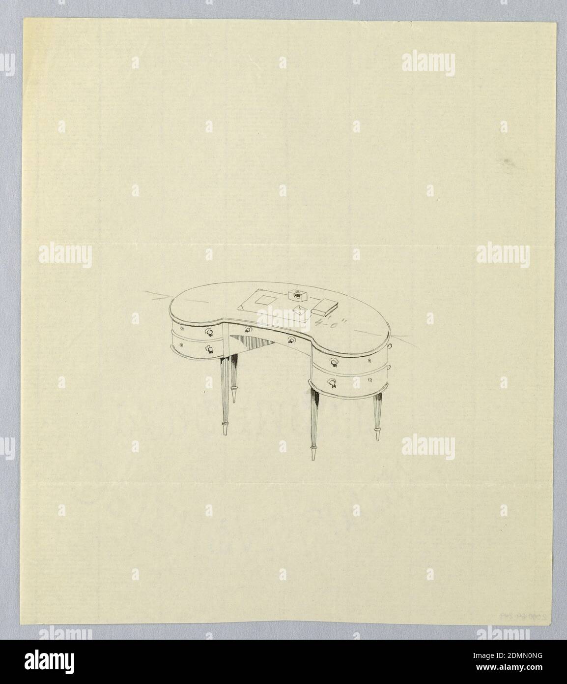 Design pour table d'écriture en forme de rein avec blotter et livre au sommet, A.N. Davenport Co., Graphite sur papier crème fin, 1900–05, mobilier, dessin Banque D'Images