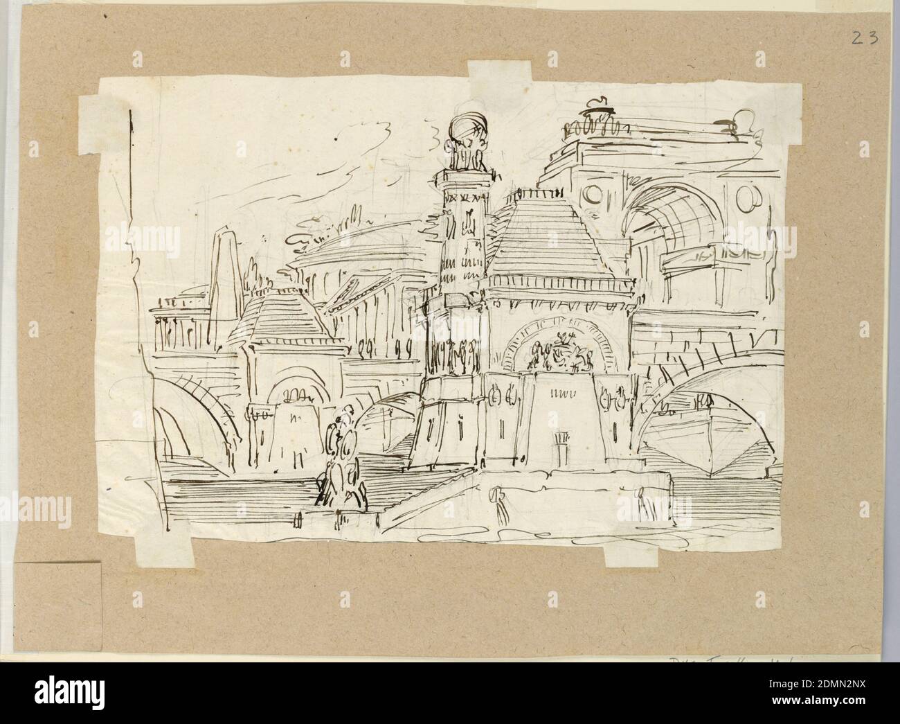 Stage Design, Groupe de bâtiments anciens, Angelo Toselli, CA. 1765 ? – 1826, stylo et encre sur papier, rectangle horizontal. Groupe de bâtiments anciens, sur les voûtes., Italie, début du XIXe siècle, théâtre, dessin Banque D'Images