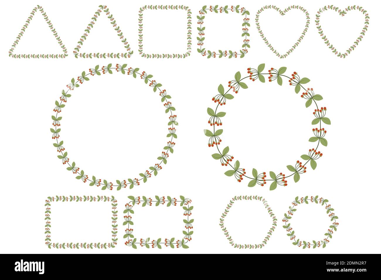 Ensemble de cadres à fleurs pour un motif de fête avec branches de baies de rowan et feuilles. Modèle romantique Vector. Six collections de formes - rond, carré, coeur, rectangle, héaxagon, triangle. Illustration de Vecteur