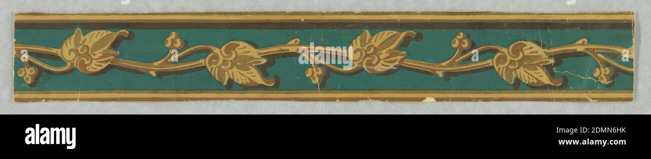 Bordure, imprimé en bloc sur du papier machine, finition mate avec des reflets dorés métalliques. Une vigne foliaire ondulée est centrée sur cette bordure. Les bords sont rayés. Imprimé en vert, or métallique, ocre, brun et brun, H# 193, France, 1860–1900, revêtements muraux, Border Banque D'Images