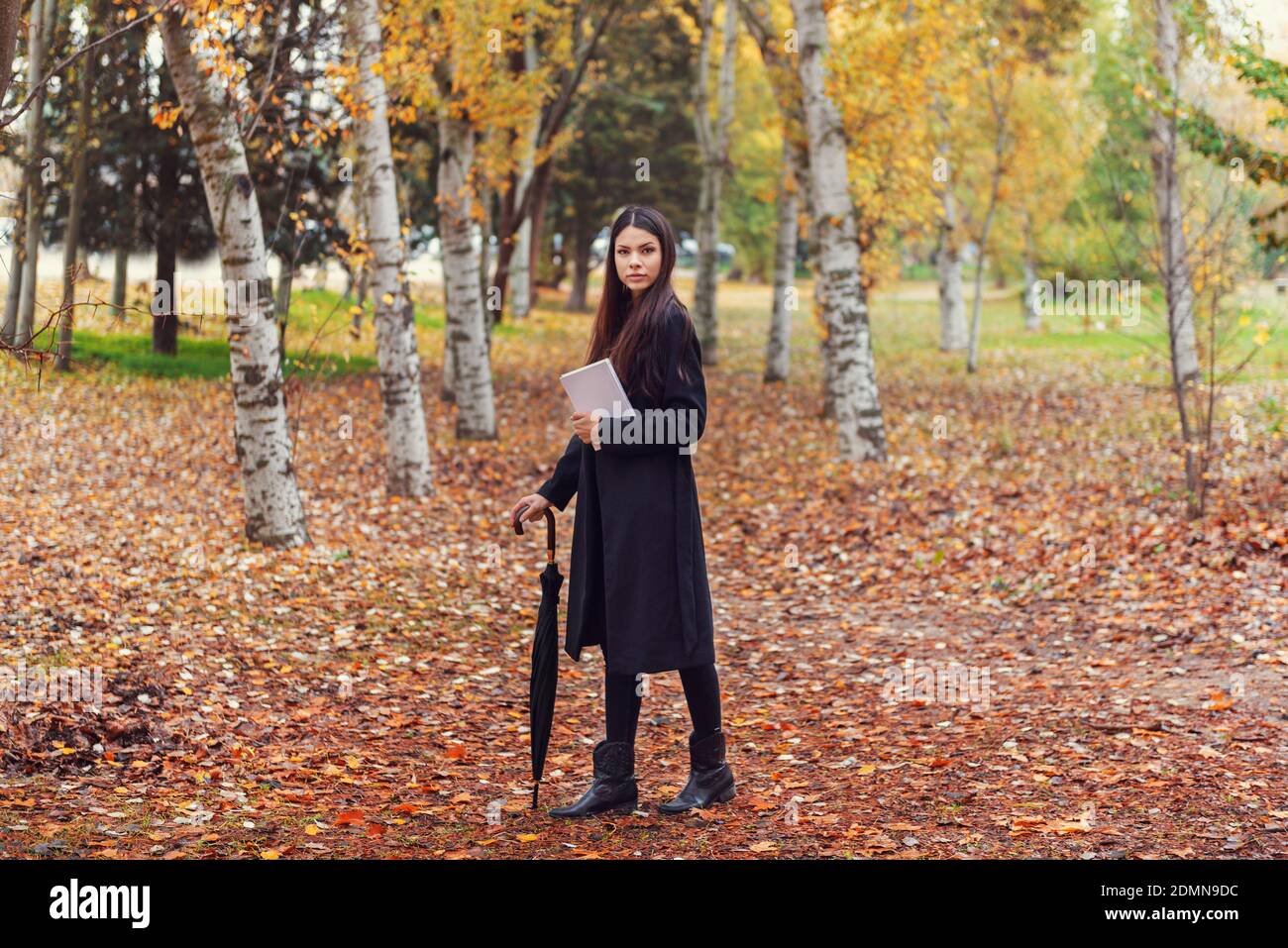 LA JEUNE FEMME ASIATIQUE SE PROMÈNE À TRAVERS LA FORÊT EN AUTOMNE Banque D'Images