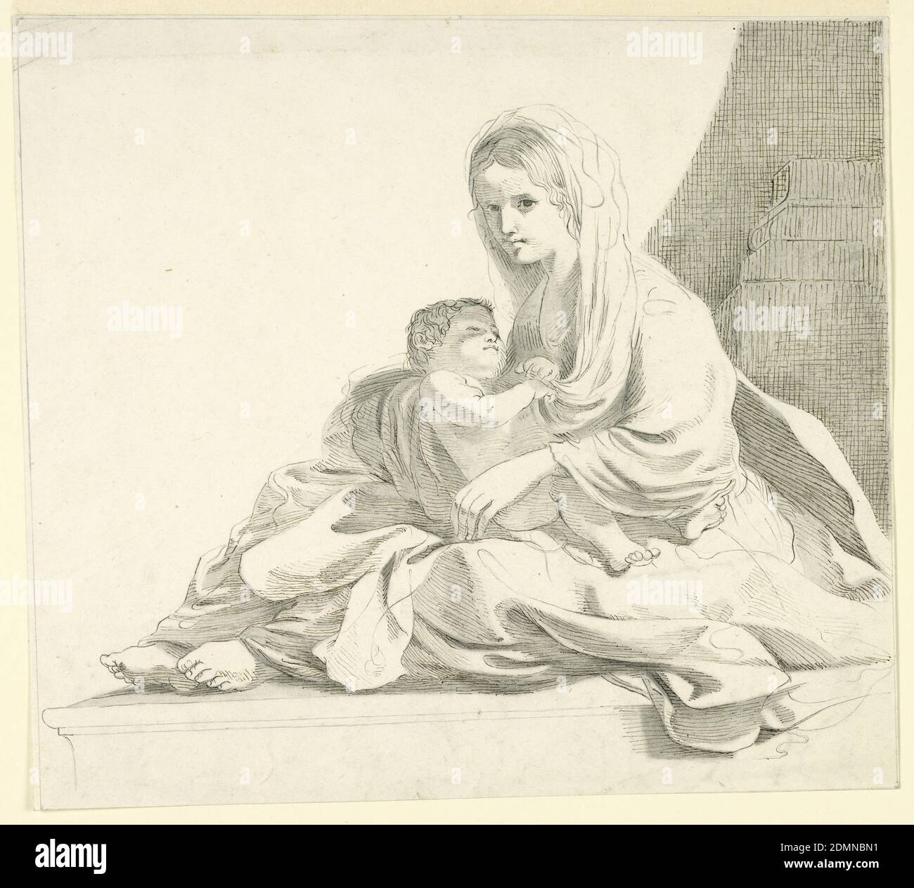 Femme avec enfant, Fortunato Duranti, Italien, 1787 - 1863, Graphite, stylo et encre, pinceau et aquarelle sur papier, femme assise sur un sol moulé, tournée vers la gauche, avec l'enfant sur ses genoux, qui saisit sa tête de tissu., Rome, Italie, ca. 1820, figures, dessin Banque D'Images