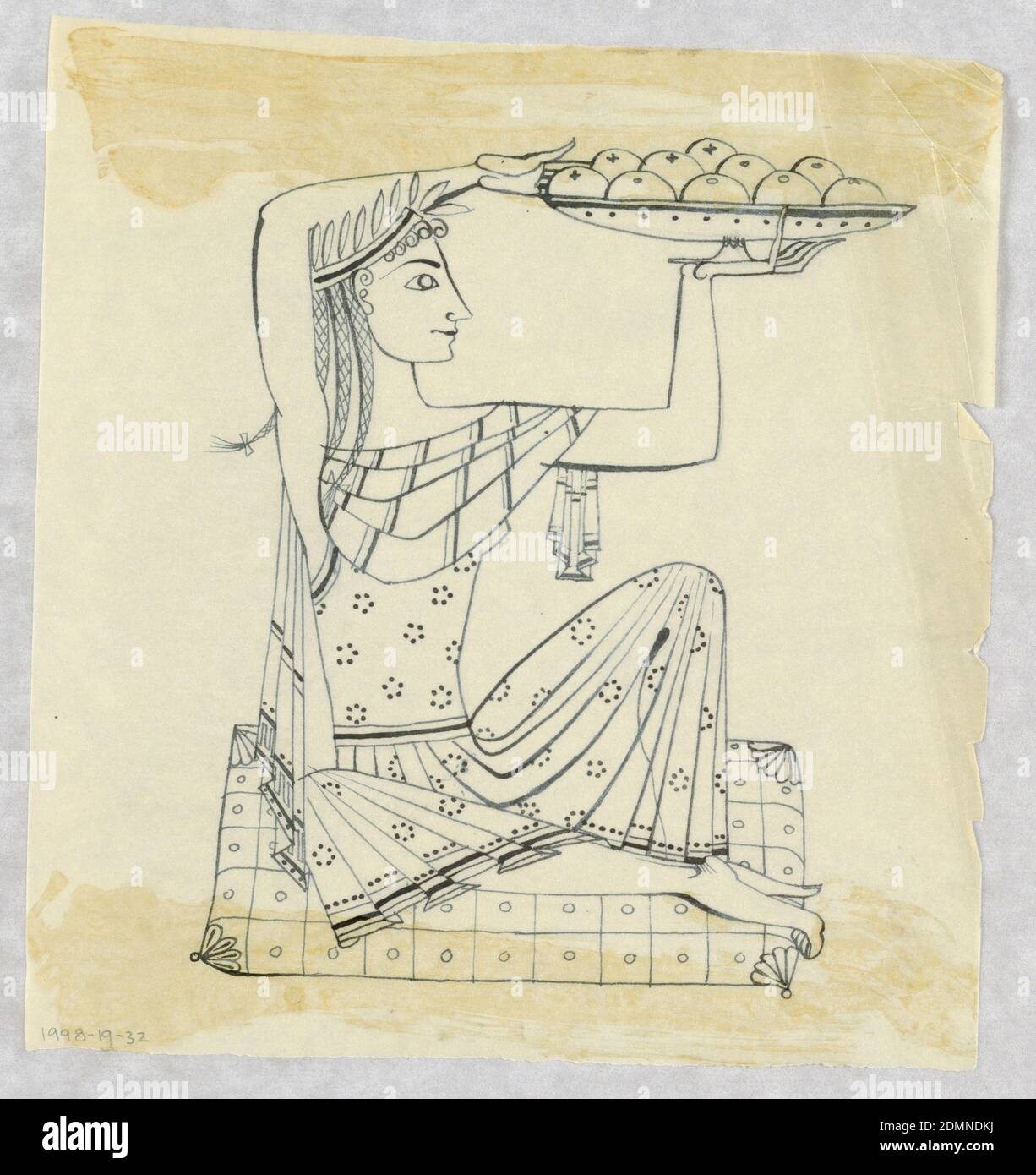 Design pour gravure en argent : femme assise, Tommi Parzinger, (américain, né en Allemagne, 1903–1981), stylo et encre noire sur papier à tracer crème, femme assise tenant un plateau de fruits., États-Unis, 1920–30, figures, dessin Banque D'Images