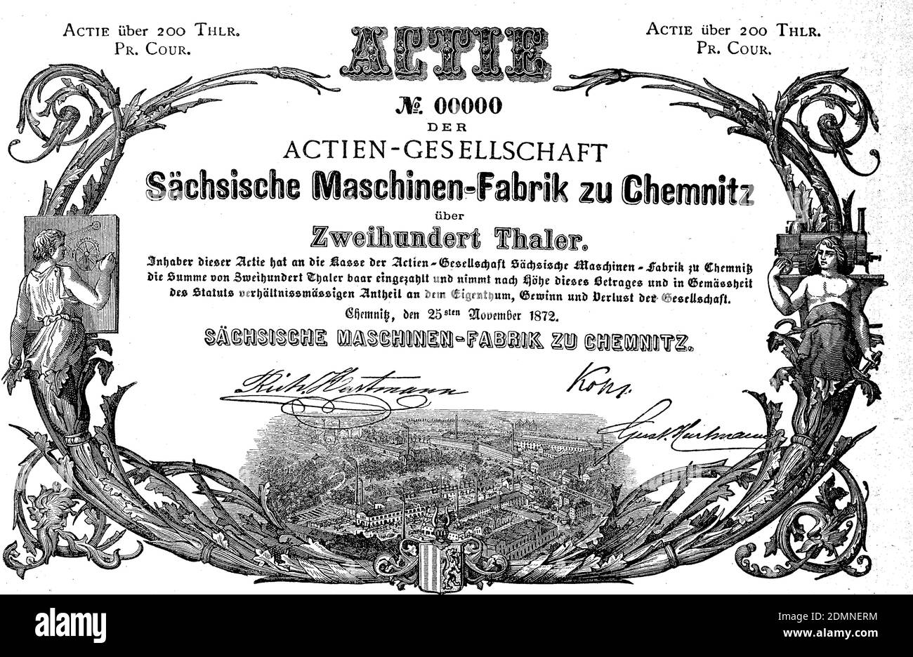 Part, part industrielle de Sächsische Maschinen-Fabrik à Chemnitz, Allemagne, à partir de 1872 / Aktie, Industrieaktie der Sächsischen Maschinen-Fabrik à Chemnitz, Deutschland, aus dem Jahre 1872, Historisch, historique, numérique amélioration de la reproduction d'un original du XIXe siècle / digitale Reprodukvorintion 19. Jahrhundert, Banque D'Images