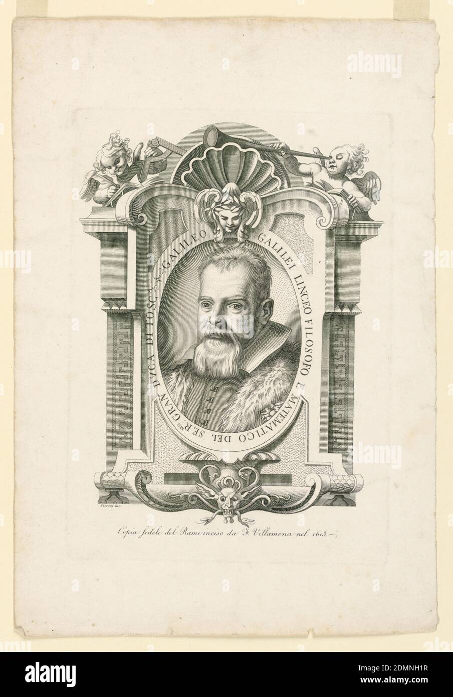 Portrait de Galileo Galilei (1562-1642), Adamo Fioroni, première moitié active du XIXe siècle, Francesco Villamena, vers 1566 – 1626, gravure sur papier, Portrait de Galilei, longueur du buste. Tête et corps légèrement tournés vers la gauche. Le portrait est entouré par un dessin d'un cadre décoré de coquillages, de cartouilles, et de deux puttis au-dessus., Italie, ca. 1830, Imprimer Banque D'Images