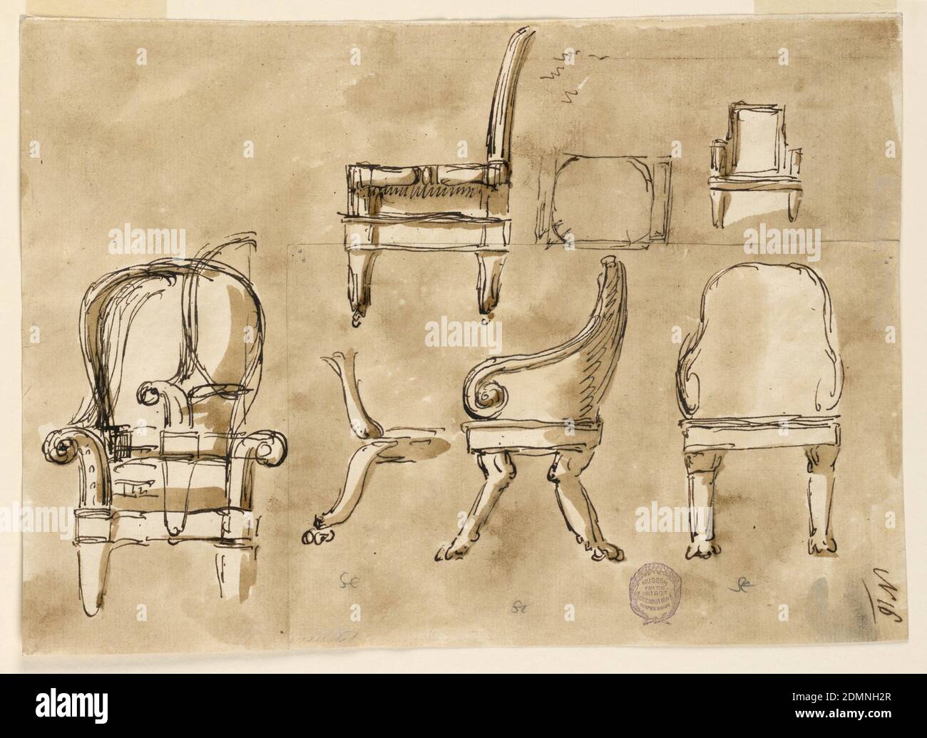 Chaises, stylo et encre brune, brosse et lavage brun, graphite, sur papier,  Haut centre : profil latéral d'une chaise latérale sur roues. À droite se  trouve un profil avant d'un fauteuil avec