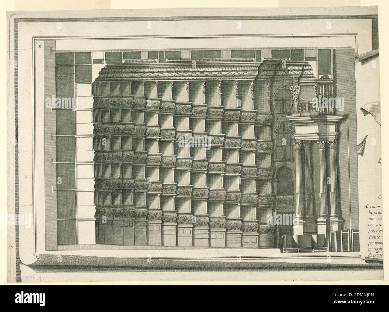 Section de la Maison et du Proscenium, Saverio Avesani, italien, b. 1690, Francesco Zucchi, italien, 1692 - 1739, gravure sur papier, illustration architecturale de format horizontal. Plaque II, partie supérieure, gauche, similaire à la plaque 1938-57-1385. À droite se trouve le bord gauche d'une feuille imaginaire, avec le début des lignes du titre de la gravure. La première ligne se fait avec 'Siccome', la dernière avec 'di prote...' Au-dessus, à gauche de la feuille imaginaire de la plaque II: 'Tan / II.' Détails architecturaux intérieurs avec colonnes décorées., Europe et Etats-Unis, ca. 1720, architecture, intérieurs, impression Banque D'Images