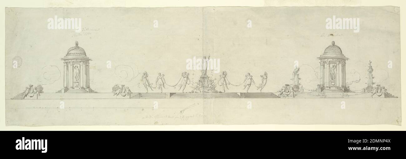 Design pour une table (pièce maîtresse), stylo et encre sur papier, ENSEMBLE de fontaine, avec une statue de la déesse féminine au centre, entouré d'un cercle de six nymphes dansants reliés à des guirlandes fleuries, flanqués de deux superstructures bombées de huit colonnes autour de statues de déesses. Les gens se détendent sur les marches du groupe de la fontaine., Italie, 1775–1800, architecture, dessin Banque D'Images