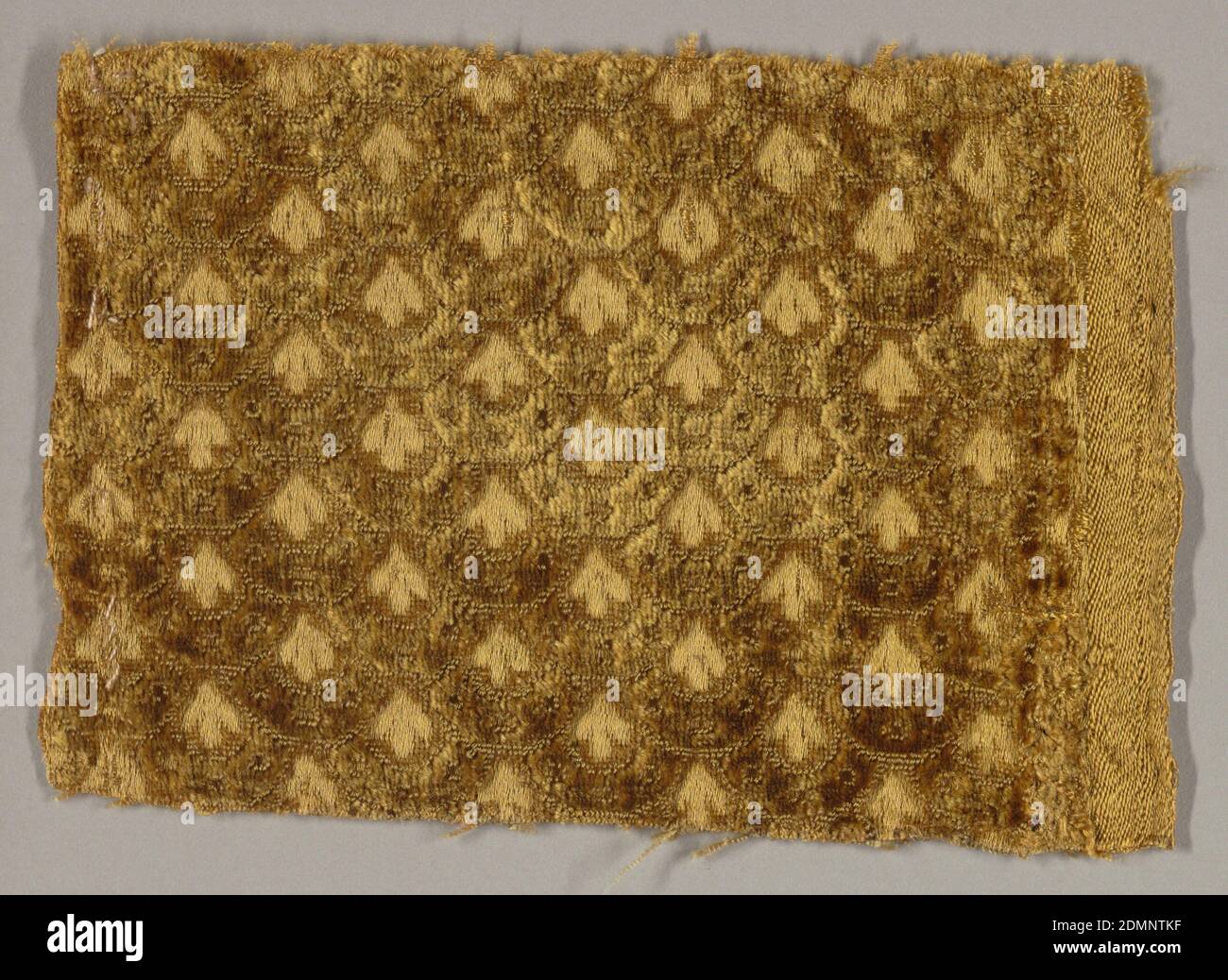 Fragments, Moyen: Soie technique: Galon supplémentaire formant une coupe et uncut velours en satin faoundation (velours), imbriqué ou à l'échelle du poisson en jaune brunâtre, peut-être XVIIe siècle, textiles tissés, fragments Banque D'Images