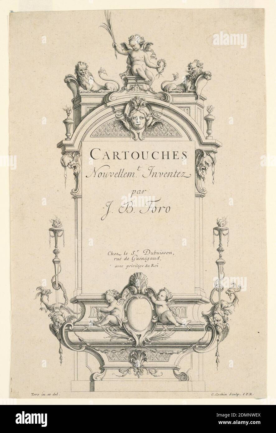 Page de titre de 'cartouts nouvel investissement', Charles-Nicolas Cochin le jeune, 1715 - 1790, Jean Bernard Honoré Toro, français, 1661 - 1731, Etching sur papier, cartouche encadrée avec putti, lions, masques; partie inférieure, une autre cartouche ronde avec une coquille en haut et deux putti, flanquée de deux torches. Cartouche ours inscription: CARTOUTS / Nouvellem.t Inventez / par J. B. Toro / chez le S. r Dubuisson, / rue de Guenegaud, avec privilège du Roi, France, 18ème siècle, ornement, Imprimer Banque D'Images Page de titre de 'cartouts nouvel investissement', Charles-Nicolas Cochin le jeune, 1715 - 1790, Jean Bernard Honoré Toro, français, 1661 - 1731, Etching sur papier, cartouche encadrée avec putti, lions, masques; partie inférieure, une autre cartouche ronde avec une coquille en haut et deux putti, flanquée de deux torches. Cartouche ours inscription: CARTOUTS / Nouvellem.t Inventez / par J. B. Toro / chez le S. r Dubuisson, / rue de Guenegaud, avec privilège du Roi, France, 18ème siècle, ornement, Imprimer Banque D'Images