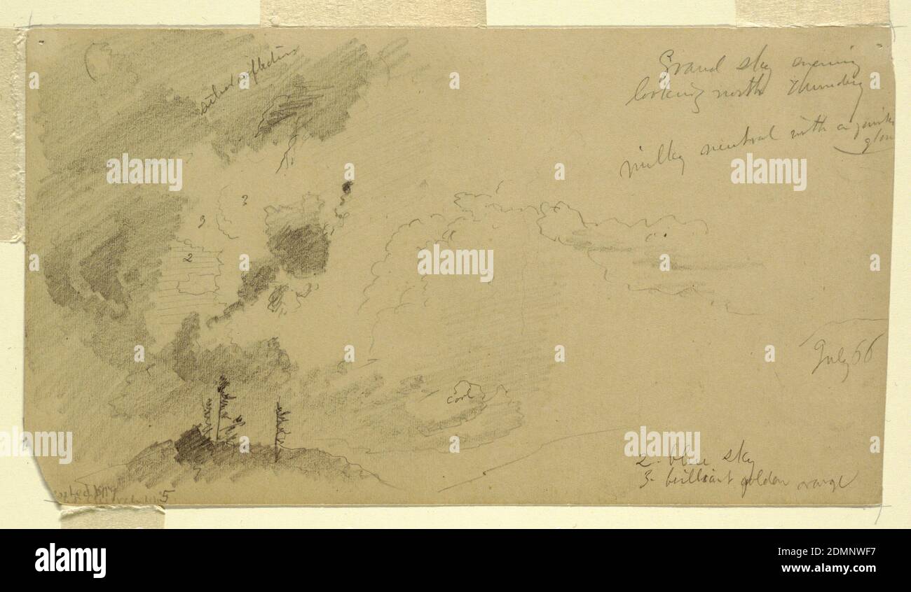 Ciel nuageux en soirée sur une colline Range, église Frederic Edwin, américaine, 1826–1900, Graphite sur papier couleur crème, Recto : vue horizontale d'un ciel nuageux vu sur une gamme de collines, Verso : Vue horizontale du ciel nuageux vue sur les sommets de la colline avec un groupe d'arbres poussant sur celui à gauche., USA, juillet 1866, paysages, dessin Banque D'Images