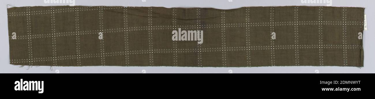 Textile, Moyen : coton technique : imprimé sur un tissage simple, lignes parallèles horizontales et verticales faites de petits points blancs sur un fond brun carrés ordinaires., États-Unis, 1870–80, textiles imprimés, teints et peints, textile Banque D'Images