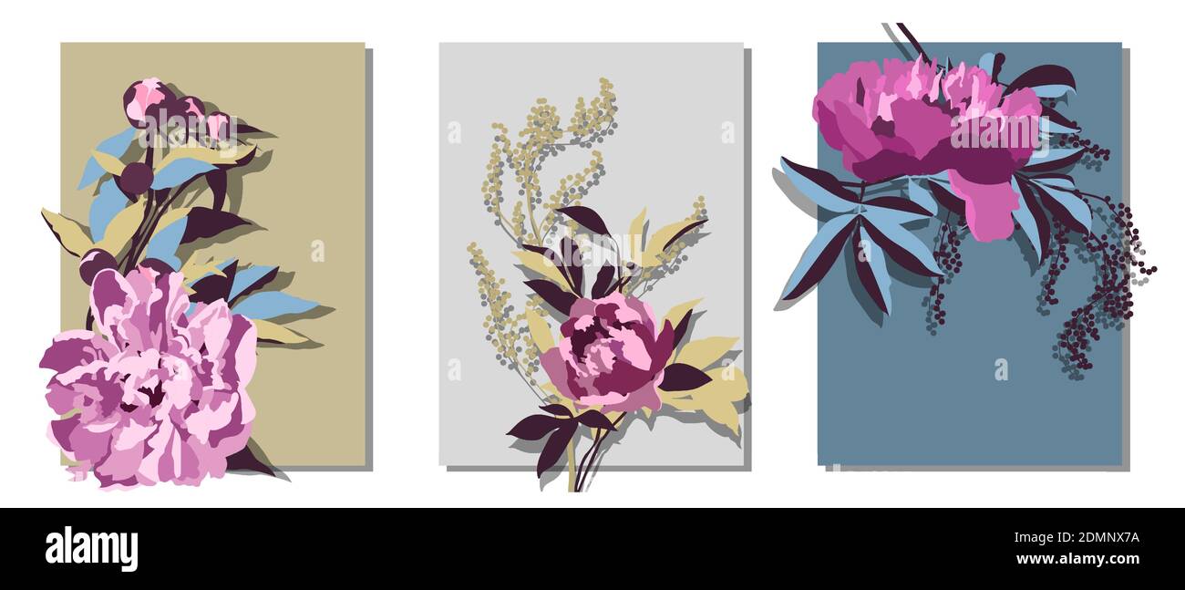 Carte à motif fleuri vectoriel avec pivoines. Fleurs et bourgeons péroonneux violets Illustration de Vecteur