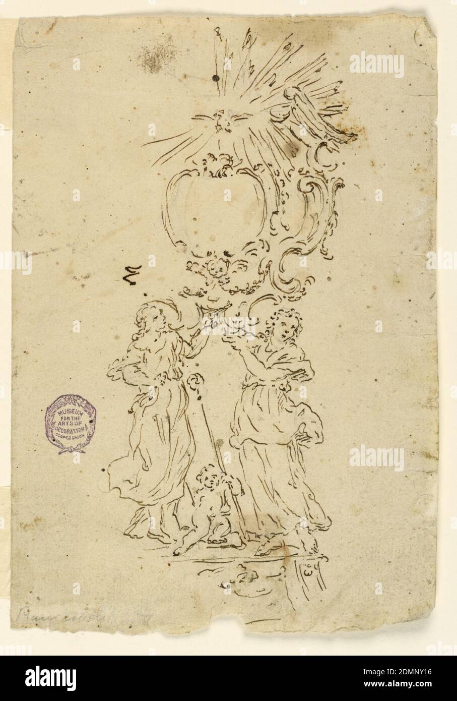 Croquis pour un reliquaire, craie, stylo et encre sur papier, deux figures femelles debout sur un piédestal, seulement en partie illustrées, soutiennent un éjoint avec le réceptacle. En haut d'un fronton brisé, avec la colombe du Saint-Esprit dans une gloire de rayons. Assis entre les figures, un garçon tient un crozier et un onglet., Italie, 1750–1775, métallurgie, dessin Banque D'Images