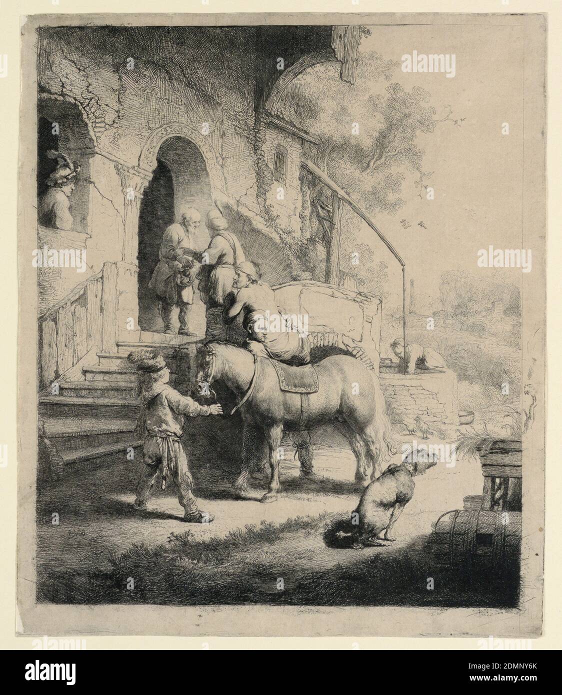 Le bon Samaritain, Rembrandt Harmensz van Rijn, néerlandais, 1606–1669, Etching sur papier crème, la figure d'un Israélite nu est vue aidé d'un cheval, tenu par un petit garçon, devant la porte d'une auberge. A la porte, la figure en turbannage du Samaritain paie et instruit le gardien de l'auberge. Un chien s'accroupse dans le premier plan droit., pays-Bas, 1633, figures, Imprimer Banque D'Images