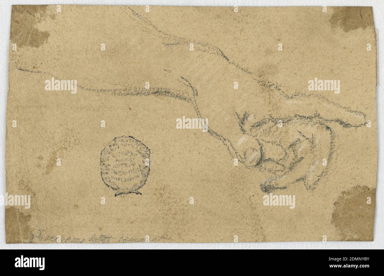 Etude : avant-bras et main gauche étirés, crayon noir et renforcement blanc sur papier brun rugueux, composition horizontale d'un avant-bras gauche étiré et main avec l'index relevé. Les trois autres doigts sont pliés et tournés vers la droite. Au verso : partie d'une esquisse, Italie, 1750–1800, figures, dessin Banque D'Images