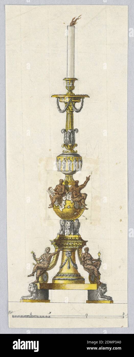 Design pour un Candlestick, stylo et encre, pinceau et jaune, rouge, aquarelle grise, graphite sur papier, rectangle vertical. Conception pour un chandelier, la base soutenue par deux lions accroupants. Le pied se compose de défilés à côté d'un piédestal central, sur lequel la figure allégorique de l'espoir se trouve à gauche, la foi à droite. Le bouton avec deux prophètes est soutenu par les symboles des évangélistes et est tiré sur un morceau de papier monté séparément sur le support primaire. Autour d'un second bouton plus petit se trouve une frise avec le Christ et les Apôtres. La prise est soutenue par un balster Banque D'Images