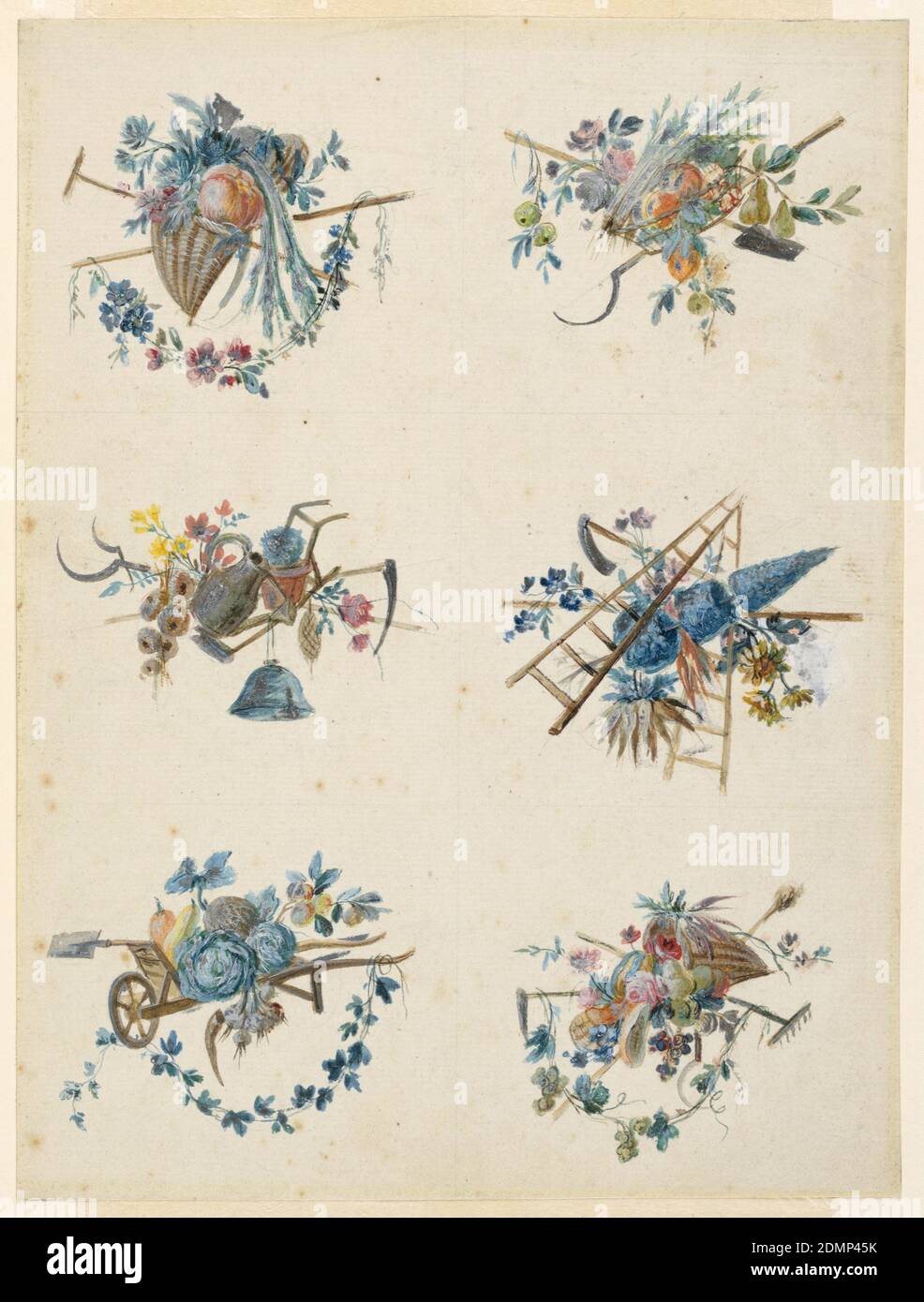 Six trophées aux attributs du jardinage, Pierre Ranson, français, 1736–1786, Graphite, stylo et encre, pinceau et gouache sur papier, deux colonnes de six trophées de jardinage. En haut à gauche : cornucopia rempli de plantes et de potiron, une cueillette et une binette croisées; en haut à droite : un panier rempli de plantes et de fruits, avec des scythe et une pelle croisées; au centre à gauche : un pichet à eau, une houe, des scythes, un planteur et des fleurs; au centre à droite : un arbre triangulaire, des fleurs sauvages, des scythe, des échelles; en bas à gauche : brouette contenant des légumes, y compris des navets, des courges et des choux; en bas à droite : une cornucopia remplie de fruits et de fleurs Banque D'Images