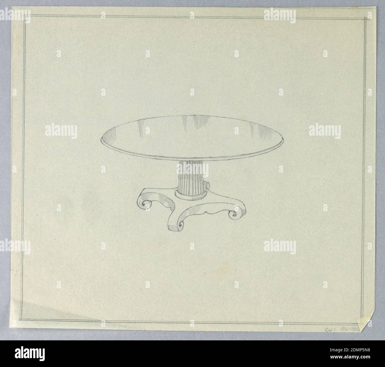 Conception pour table ronde sur base moulée, A.N. Davenport Co., Graphite sur papier crème fin, plateau de table rond moulé fin, surélevé sur un support de colonne cannelé avec moulures concentriques autour du fond, assis sur la base moulée en forme de « X » se terminant par 4 pieds en forme de spirale; lignes de charpente doubles en graphite., 1900–05, mobilier, dessin Banque D'Images