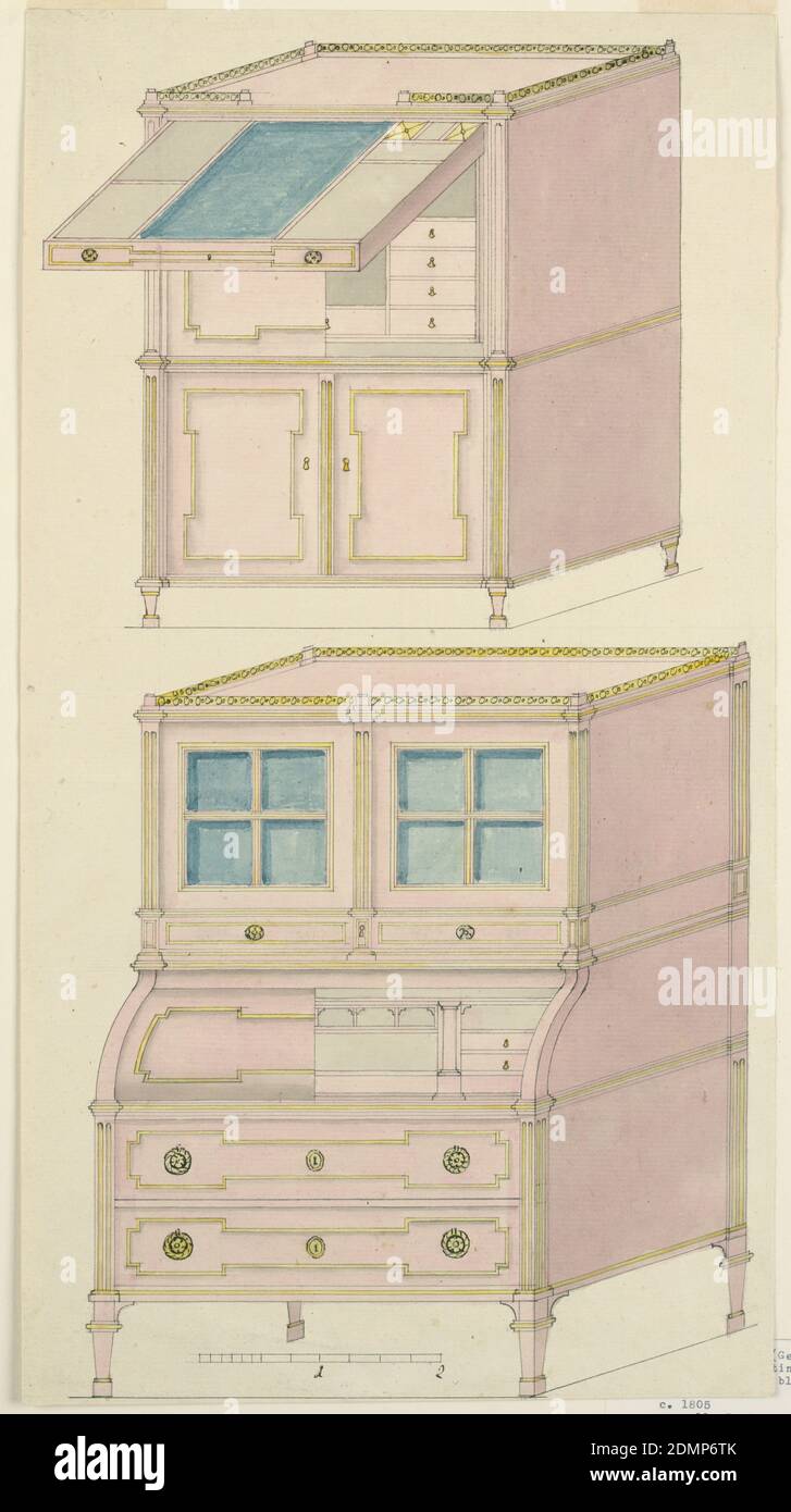 Dessins pour les bureaux d'écriture, Graphite, stylo et encre noire, pinceau et aquarelle sur papier, au-dessus, deux niveaux de placards, le supérieur révélant, en demi-section, une série de petits tiroirs. Les sections de placard sont surmontées par un long tiroir, montré ouvert, présentant des accessoires à des fins d'écriture. Ci-dessous, une balustrade qui se frognait au-dessus de portes doubles, chacune dotée de quatre compartiments en verre, flanquée de pilastres. Centre avec sections de bureau fixes fermées par un couvercle incurvé, vu en demi-section ; base sur les jambes avec deux longs tiroirs. Échelle ci-dessous., Allemagne, env. 1805, mobilier, dessin Banque D'Images
