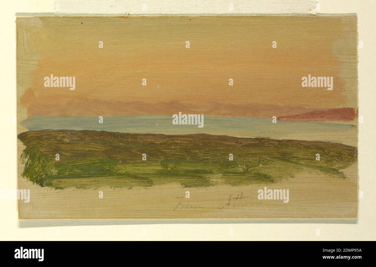 Athènes, vue de la mer, église Frederic Edwin, américaine, 1826–1900, pinceau et huile sur carton, UNE bande d'eau est montrée au centre, bordée de collines., Etats-Unis, avril 1869, architecture, dessin Banque D'Images