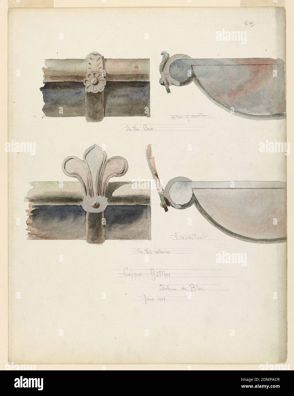 Deux gouttières de cuivre, d'un château du XVIe siècle, Blois, France, Whitney Warren Jr., cuisine américaine, 1864–1943, Graphite, pinceau et aquarelle sur papier, à gauche, les supports de deux gouttières sont illustrés; la partie supérieure est décorée d'une rosette et d'une feuille, la partie inférieure est décorée de la partie supérieure d'un nénuphars. Montré en profil avec les extrémités fermées des tuyaux., USA, juin 1888, ornement, dessin Banque D'Images