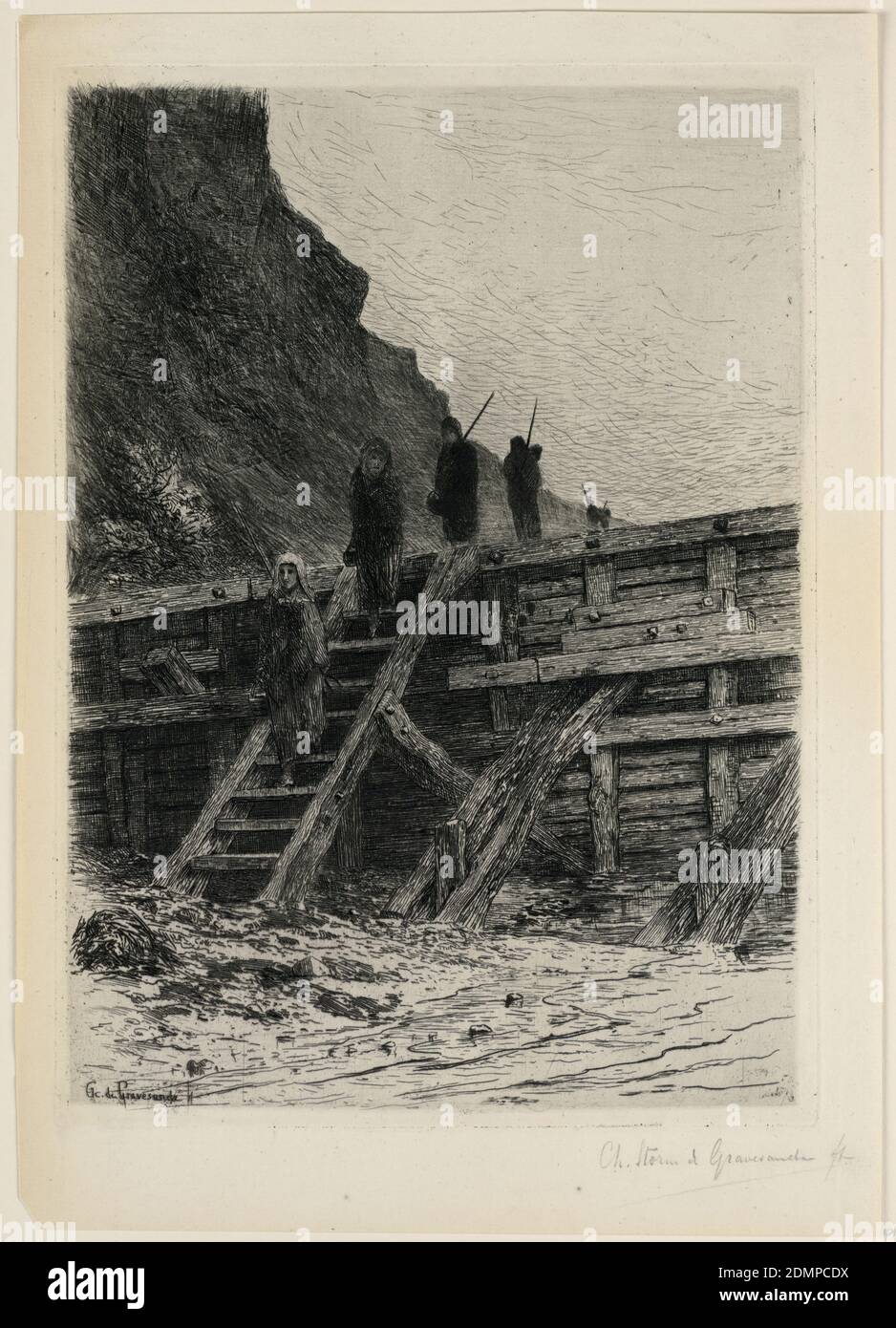 La Retour de la pêche, Carel Nicolaas Storm van 's-Gravensande, Néerlandais, 1841–1924, Etching sur papier blanc, UN haut quai avec un escalier en premier plan. Deux pêcheurs descendent les escaliers, quatre autres suivent sur le quai. Hautes falaises à gauche., pays-Bas, ca. 1880, Imprimer Banque D'Images