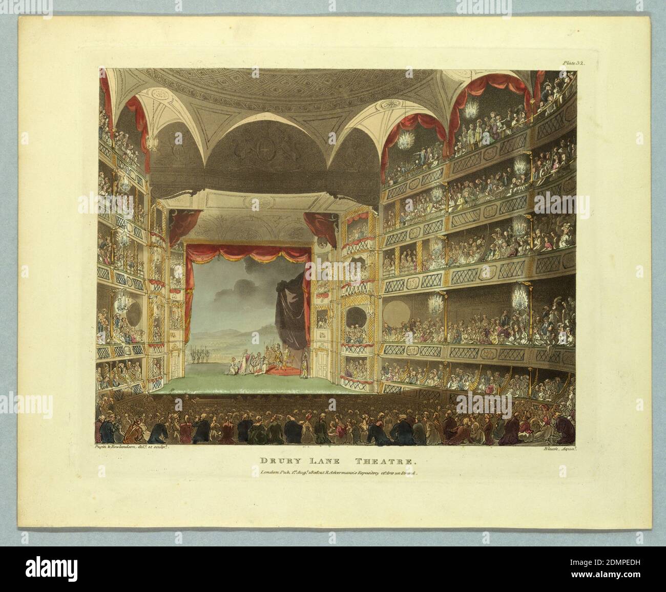 Drury Lane Theatre de Ackermann's Repository, Thomas Rowlandson, britannique, 1756–1827, Augustus Charles Pugin, français, Grande-Bretagne active, ca. 1762–1832, John Bluck, britannique, 1791–1832, Ackermann’s, Londres, Angleterre, encre noire avec aquarelle sur papier, rectangle horizontal. Vue arrière du théâtre faisant face à la scène. Boîtes remplies et plancher. Jeu romain en cours. Titre, noms des artistes et des éditeurs ci-dessous., Europe, 1808, théâtre, Imprimer Banque D'Images