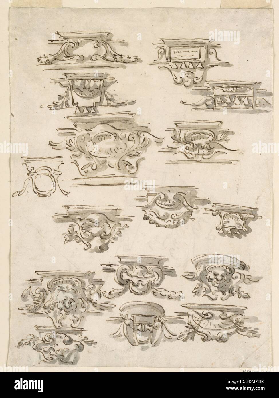 Seize dessins pour consoles, Carlo Marchionni, italien, 1702–1786, encre stylo et sépia, pinceau et aquarelle grise sur papier; verso: Stylo et encre, graphite, rectangle vertical avec seize dessins pour consoles. Toutes les esquisses sauf une avec Wash. Les consoles dépassent d'une frise. Deux sont avec des masques, la plupart avec des escutcheons, un avec une tablette, trois avec des motifs d'ornement architectural. Verso: Un arbre, et devant lui la partie supérieure d'une colonne debout obliquement au-dessus d'une base, avec un plummet suspendu de son sommet. Banque D'Images